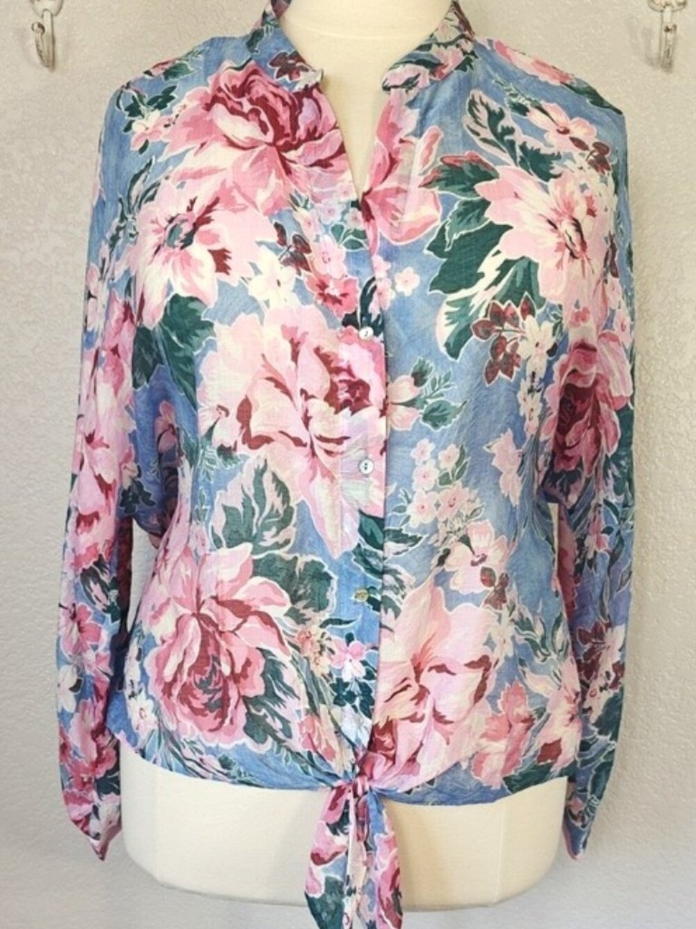 Vince Camuto 3X Tunic Blouse Floral Button-Down Tie Front Knot Long Sleeve